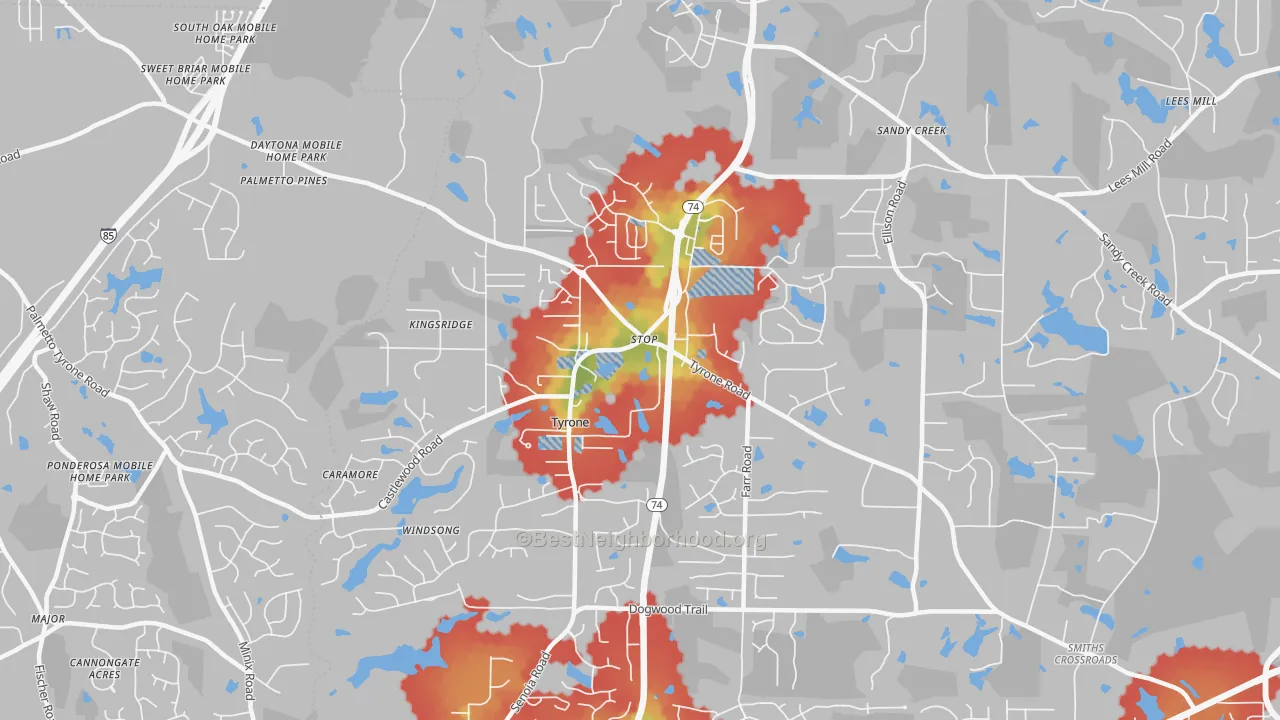 Walk Grade map of 30290, GA, walkable areas in green and car-dependent areas in red