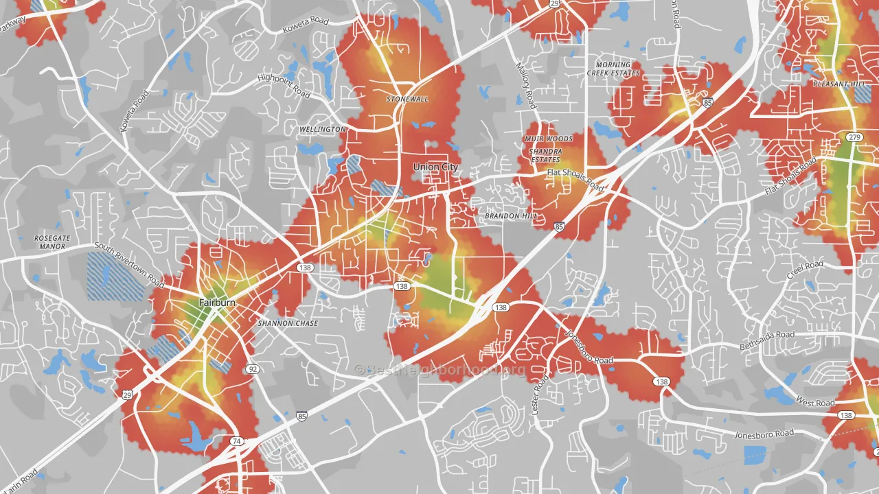 Walk Grade map of 30291, GA, walkable areas in green and car-dependent areas in red