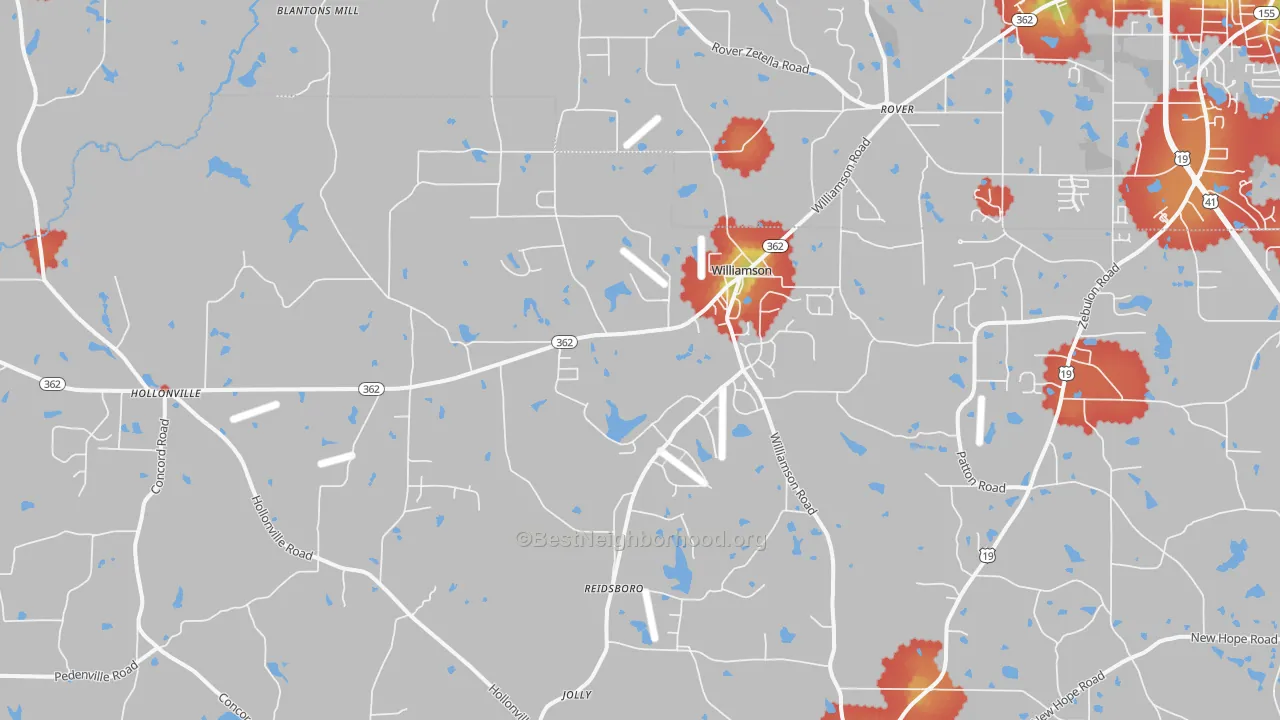 Walk Grade map of 30292, GA, walkable areas in green and car-dependent areas in red
