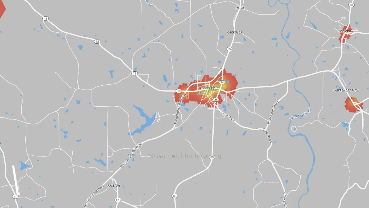 Walk Grade map of 30293, GA, walkable areas in green and car-dependent areas in red