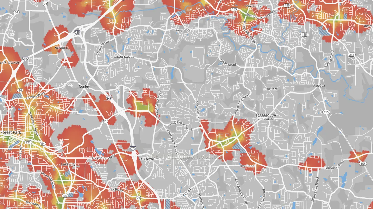 Walk Grade map of 30294, GA, walkable areas in green and car-dependent areas in red