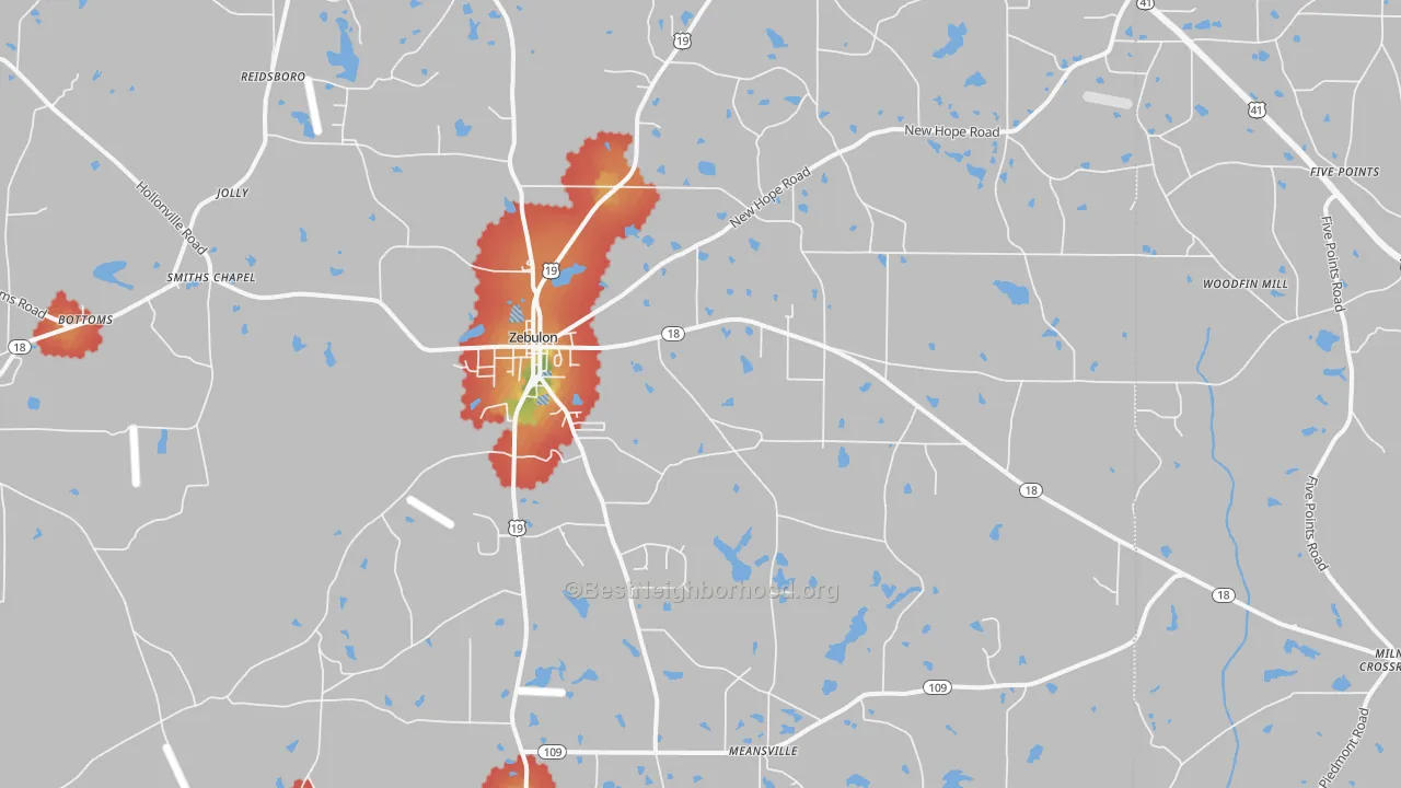 Walk Grade map of 30295, GA, walkable areas in green and car-dependent areas in red