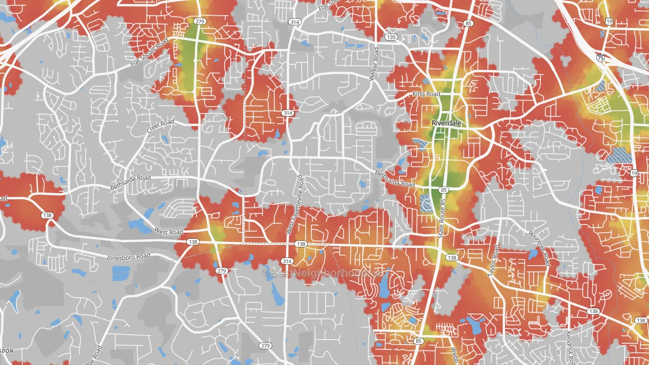 Walk Grade map of 30296, GA, walkable areas in green and car-dependent areas in red