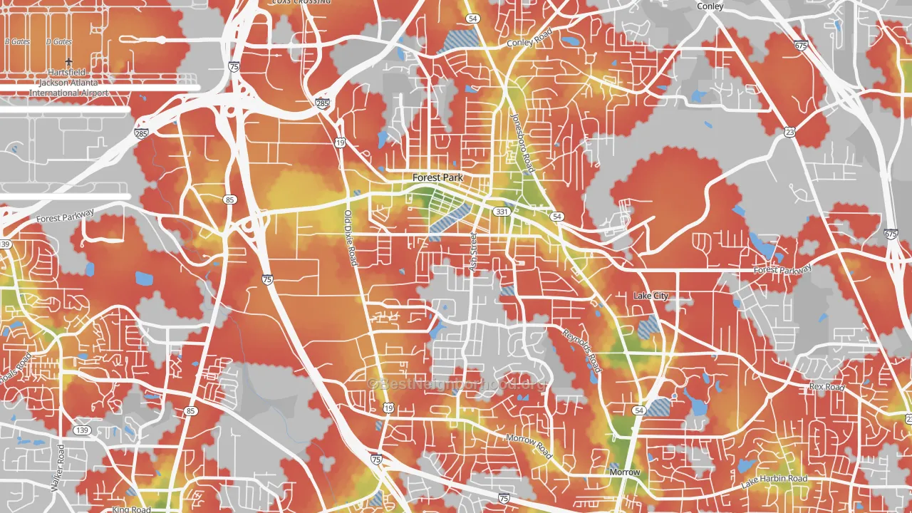 Walk Grade map of 30297, GA, walkable areas in green and car-dependent areas in red