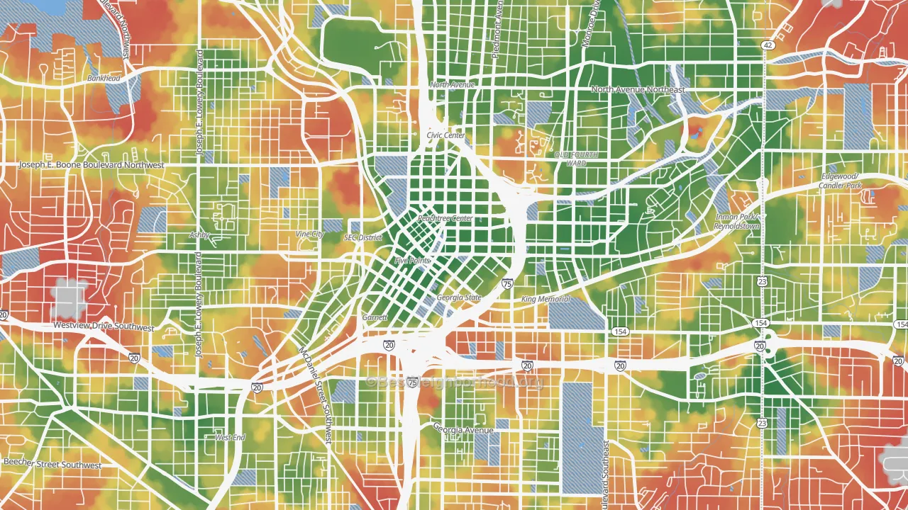 Walk Grade map of 30303, GA, walkable areas in green and car-dependent areas in red