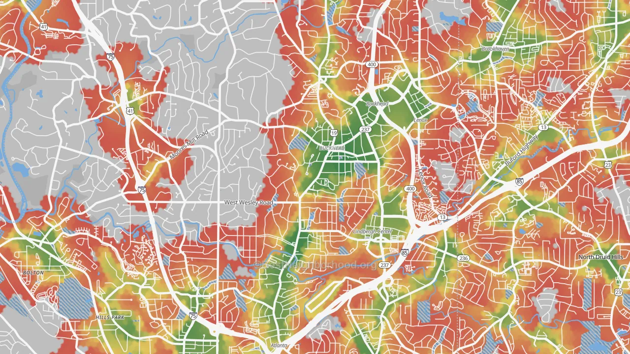 Walk Grade map of 30305, GA, walkable areas in green and car-dependent areas in red