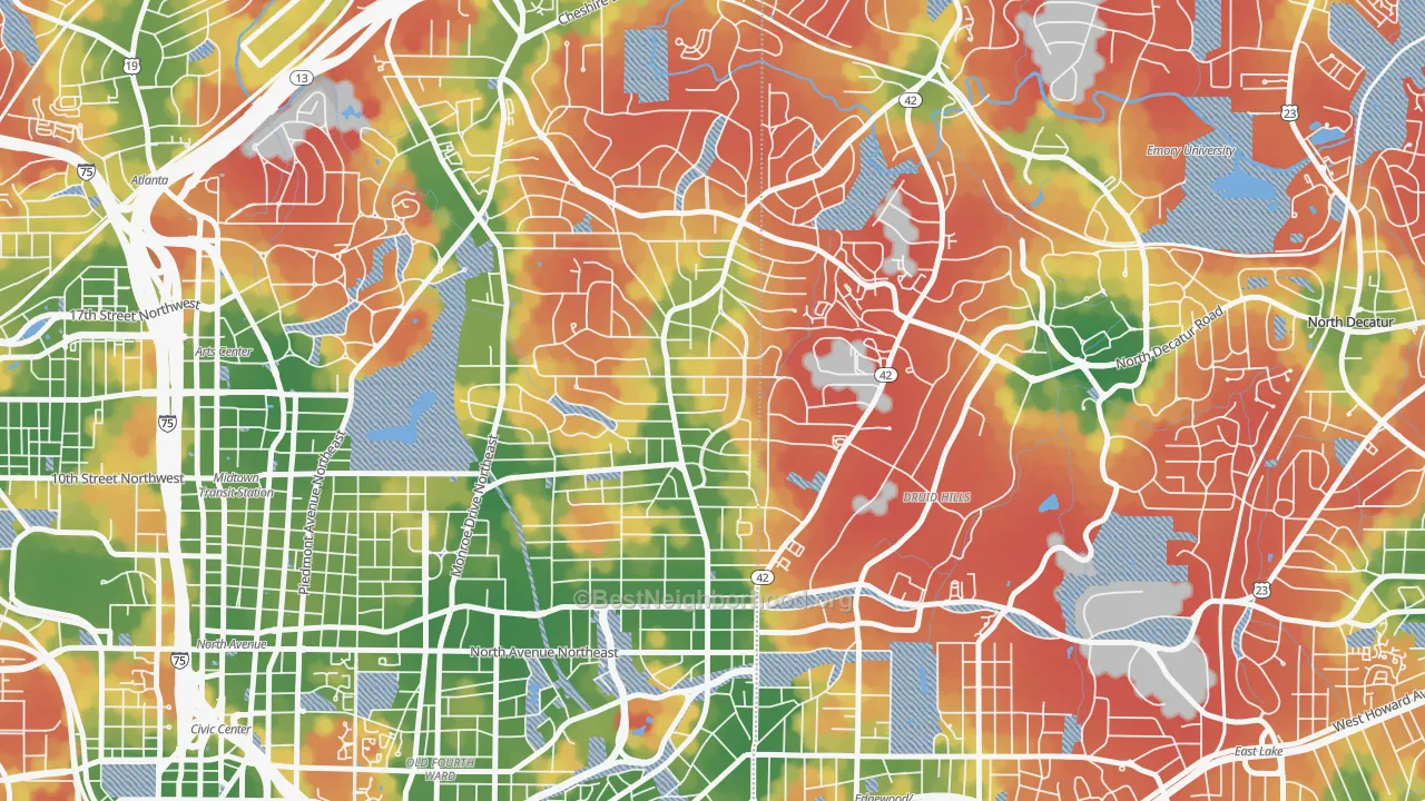 Walk Grade map of 30306, GA, walkable areas in green and car-dependent areas in red