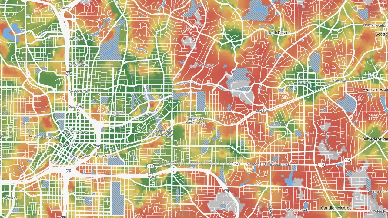 Walk Grade map of 30307, GA, walkable areas in green and car-dependent areas in red