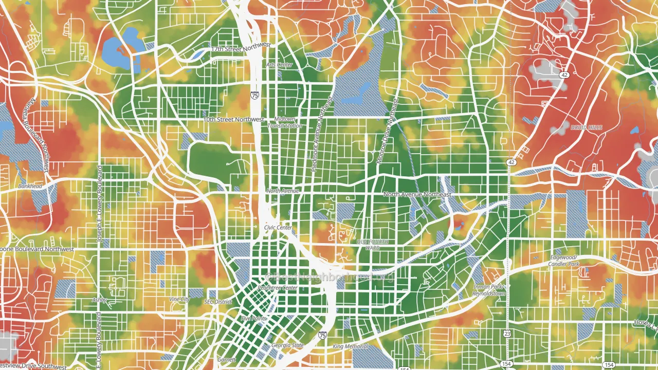 Walk Grade map of 30308, GA, walkable areas in green and car-dependent areas in red