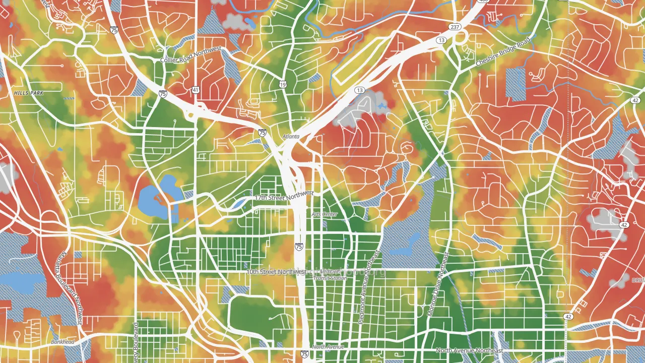 Walk Grade map of 30309, GA, walkable areas in green and car-dependent areas in red