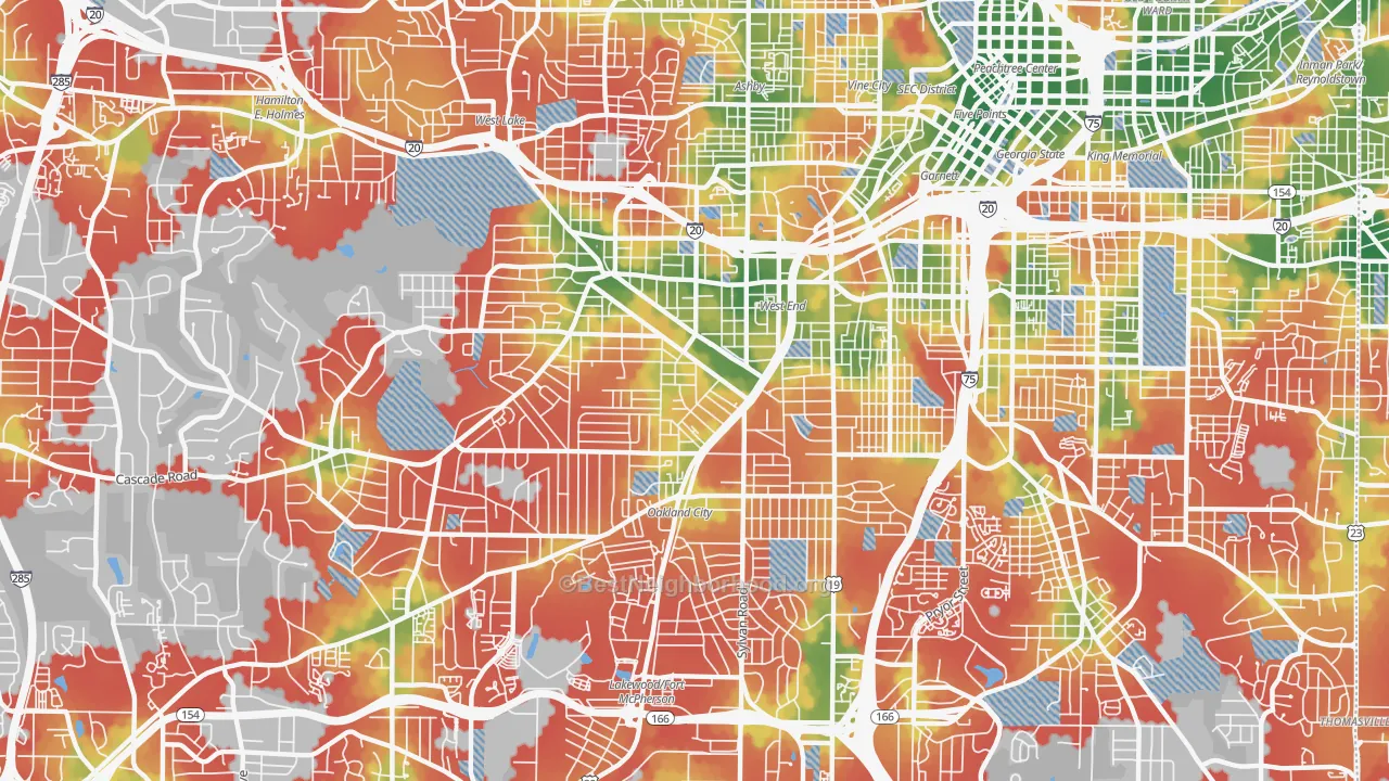 Walk Grade map of 30310, GA, walkable areas in green and car-dependent areas in red