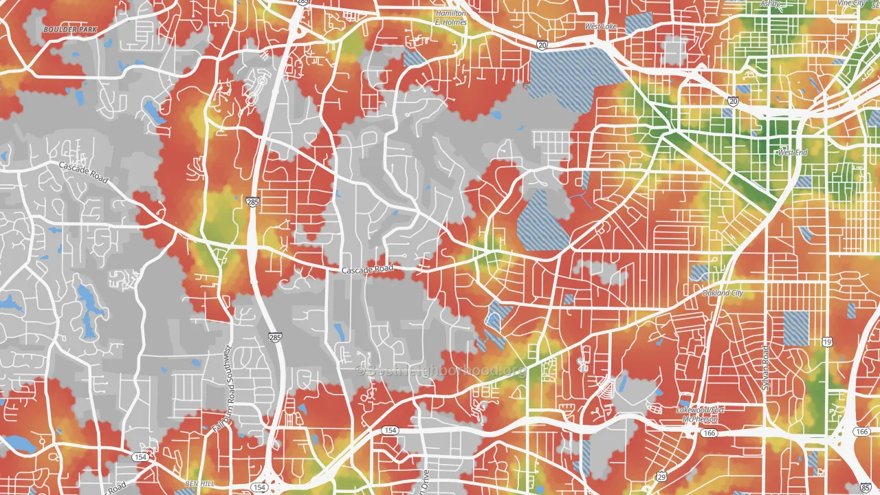 Walk Grade map of 30311, GA, walkable areas in green and car-dependent areas in red