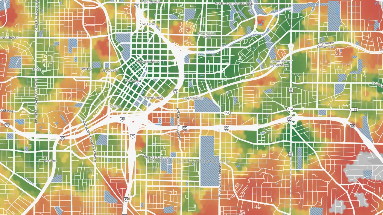 Walk Grade map of 30312, GA, walkable areas in green and car-dependent areas in red