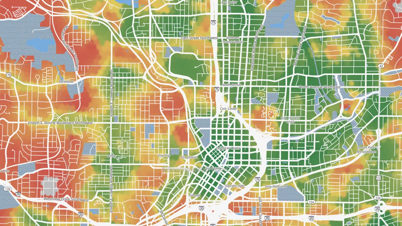 Walk Grade map of 30313, GA, walkable areas in green and car-dependent areas in red