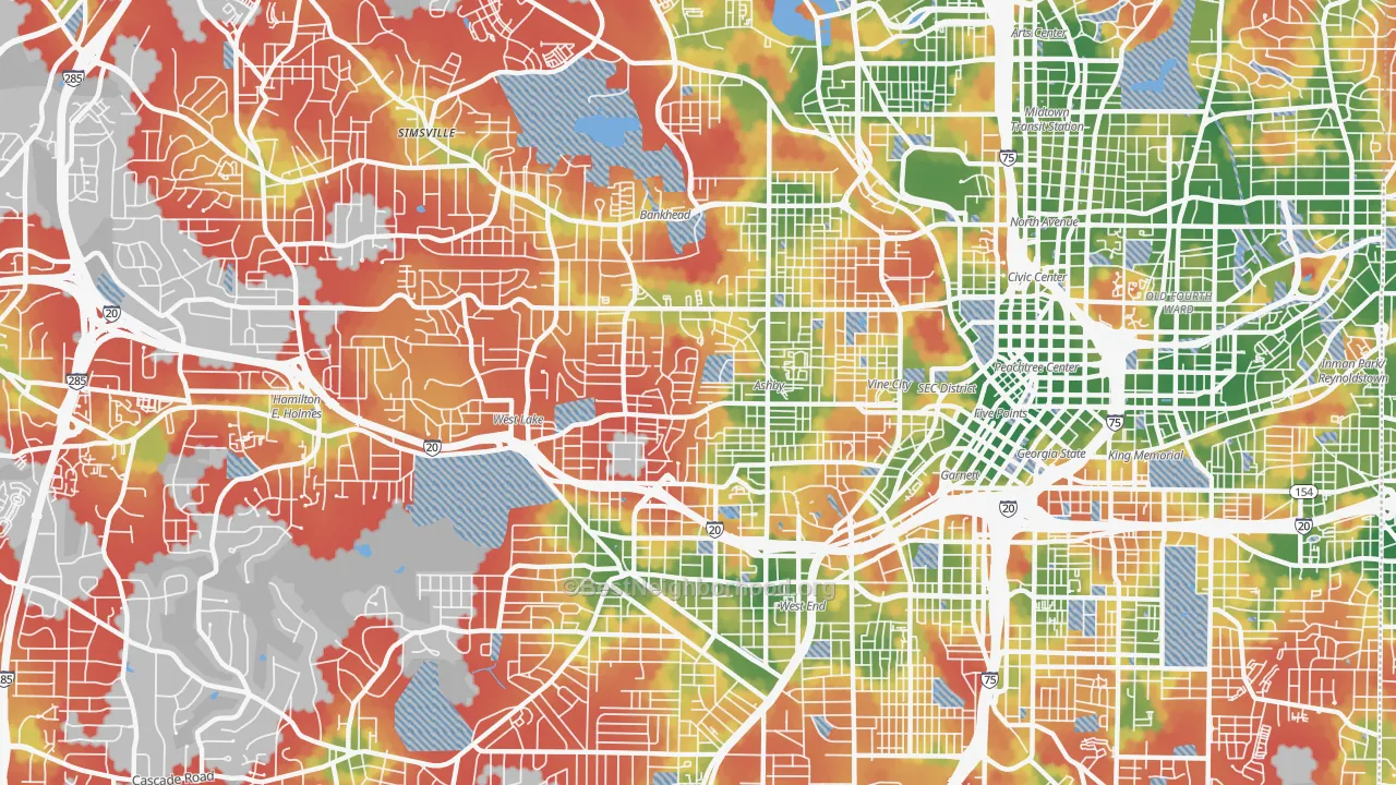Walk Grade map of 30314, GA, walkable areas in green and car-dependent areas in red