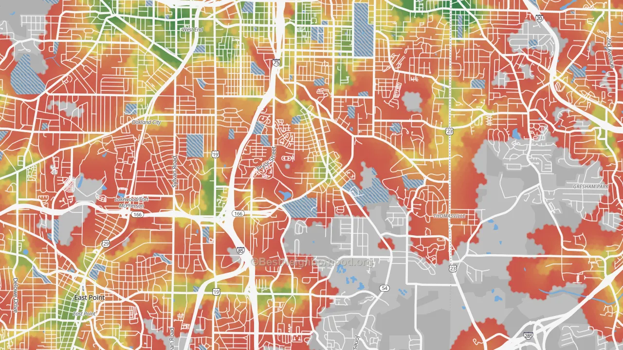 Walk Grade map of 30315, GA, walkable areas in green and car-dependent areas in red