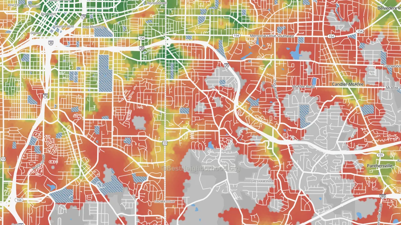 Walk Grade map of 30316, GA, walkable areas in green and car-dependent areas in red