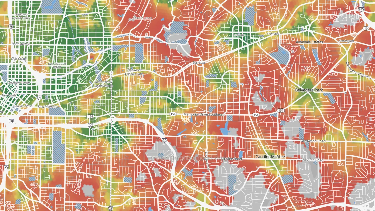 Walk Grade map of 30317, GA, walkable areas in green and car-dependent areas in red