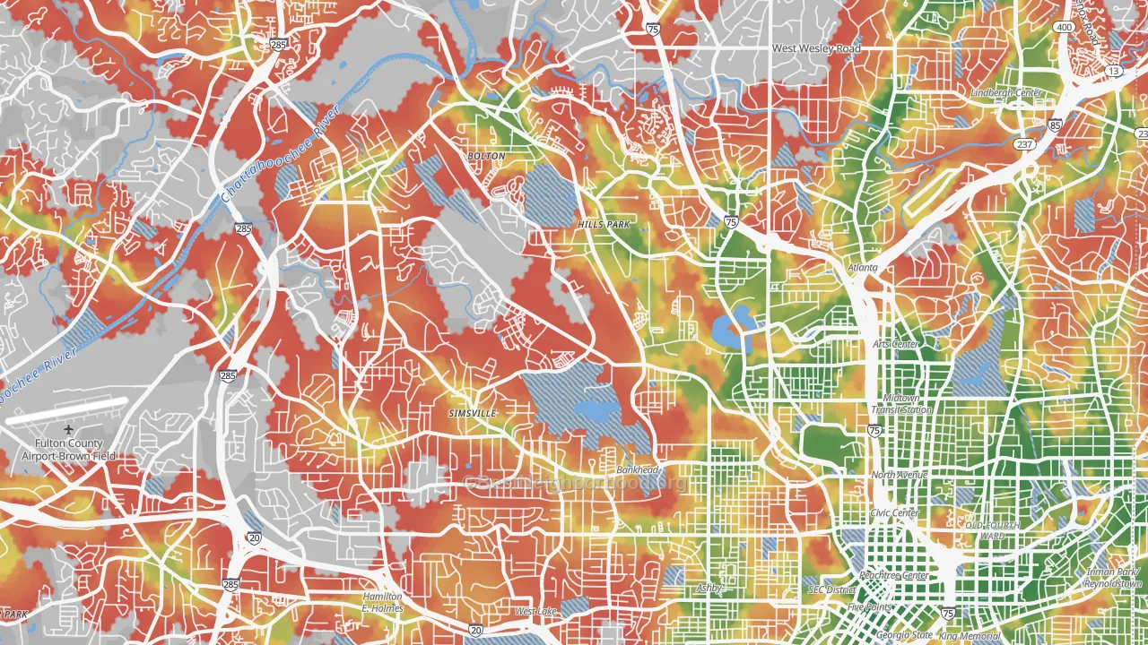 Walk Grade map of 30318, GA, walkable areas in green and car-dependent areas in red