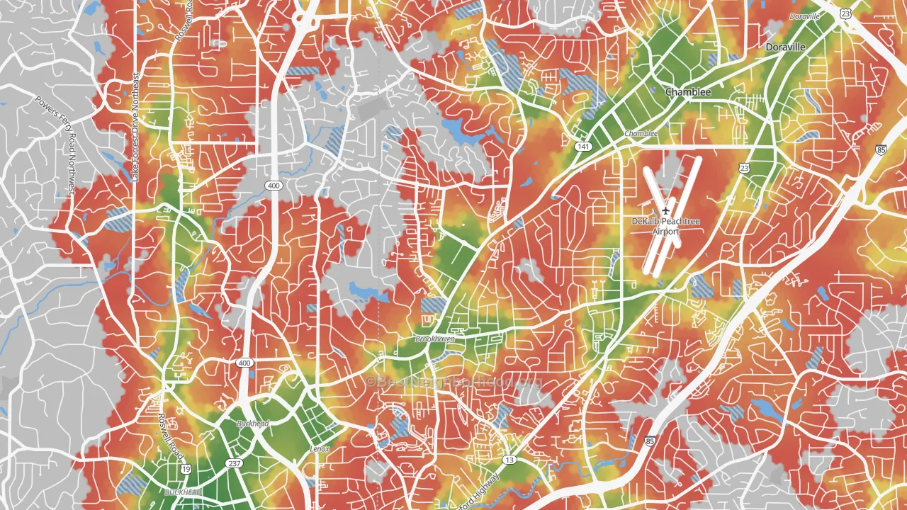 Walk Grade map of 30319, GA, walkable areas in green and car-dependent areas in red
