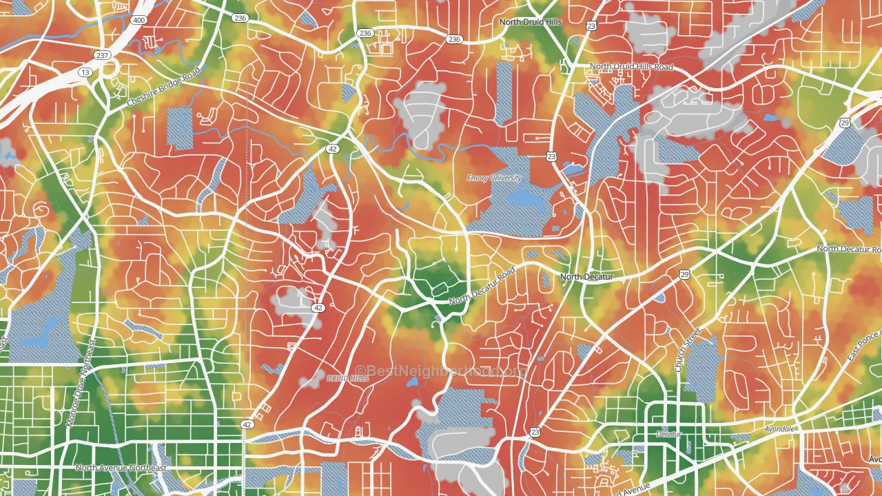 Walk Grade map of 30322, GA, walkable areas in green and car-dependent areas in red