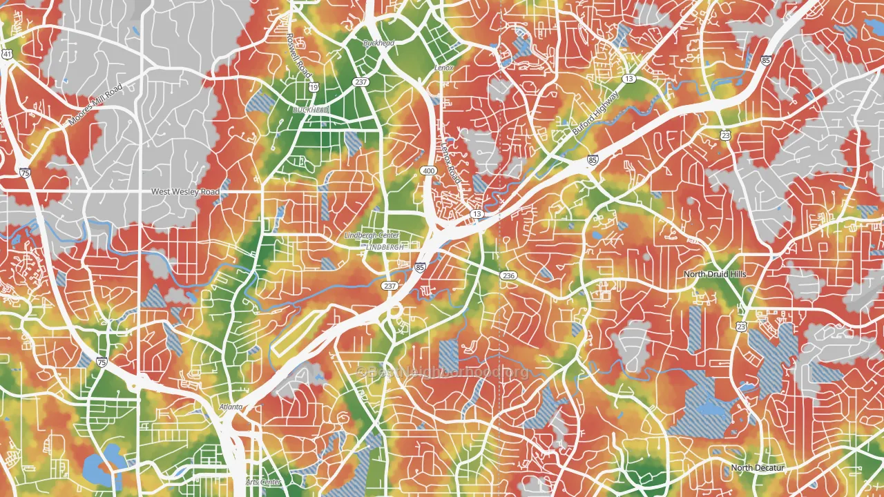 Walk Grade map of 30324, GA, walkable areas in green and car-dependent areas in red
