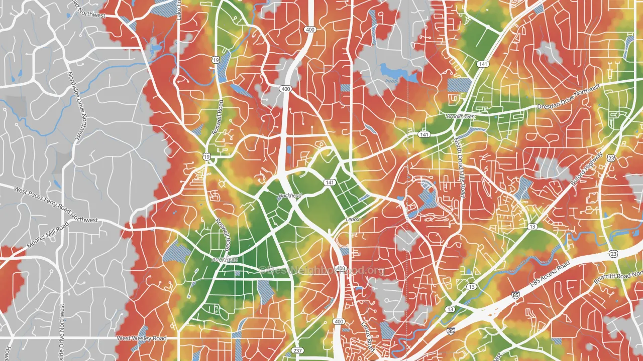 Walk Grade map of 30326, GA, walkable areas in green and car-dependent areas in red