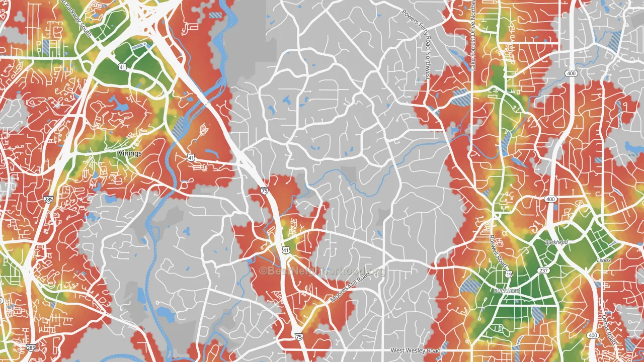 Walk Grade map of 30327, GA, walkable areas in green and car-dependent areas in red