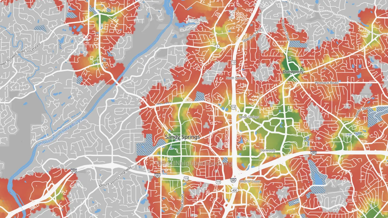 Walk Grade map of 30328, GA, walkable areas in green and car-dependent areas in red