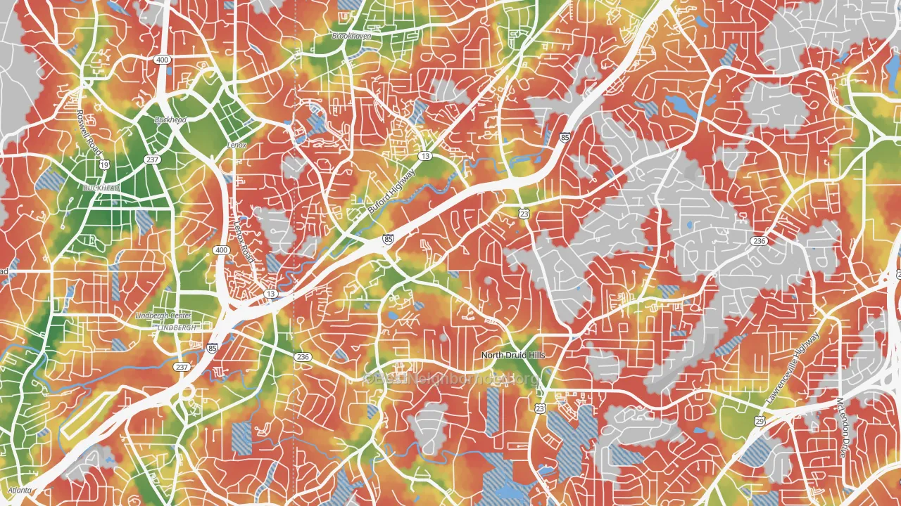 Walk Grade map of 30329, GA, walkable areas in green and car-dependent areas in red