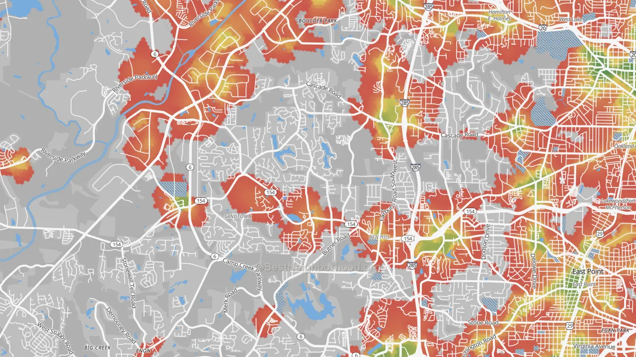 Walk Grade map of 30331, GA, walkable areas in green and car-dependent areas in red