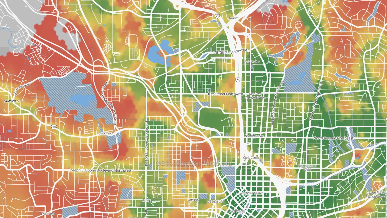 Walk Grade map of 30332, GA, walkable areas in green and car-dependent areas in red