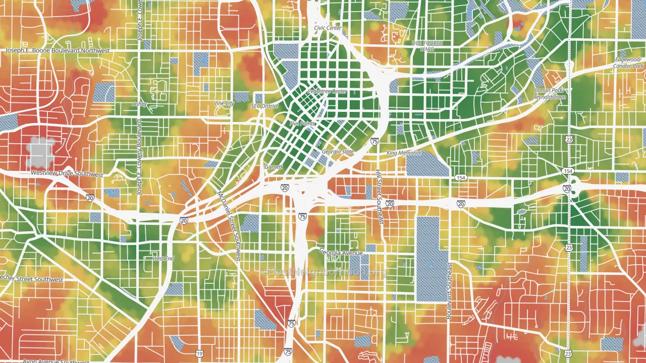 Walk Grade map of 30334, GA, walkable areas in green and car-dependent areas in red