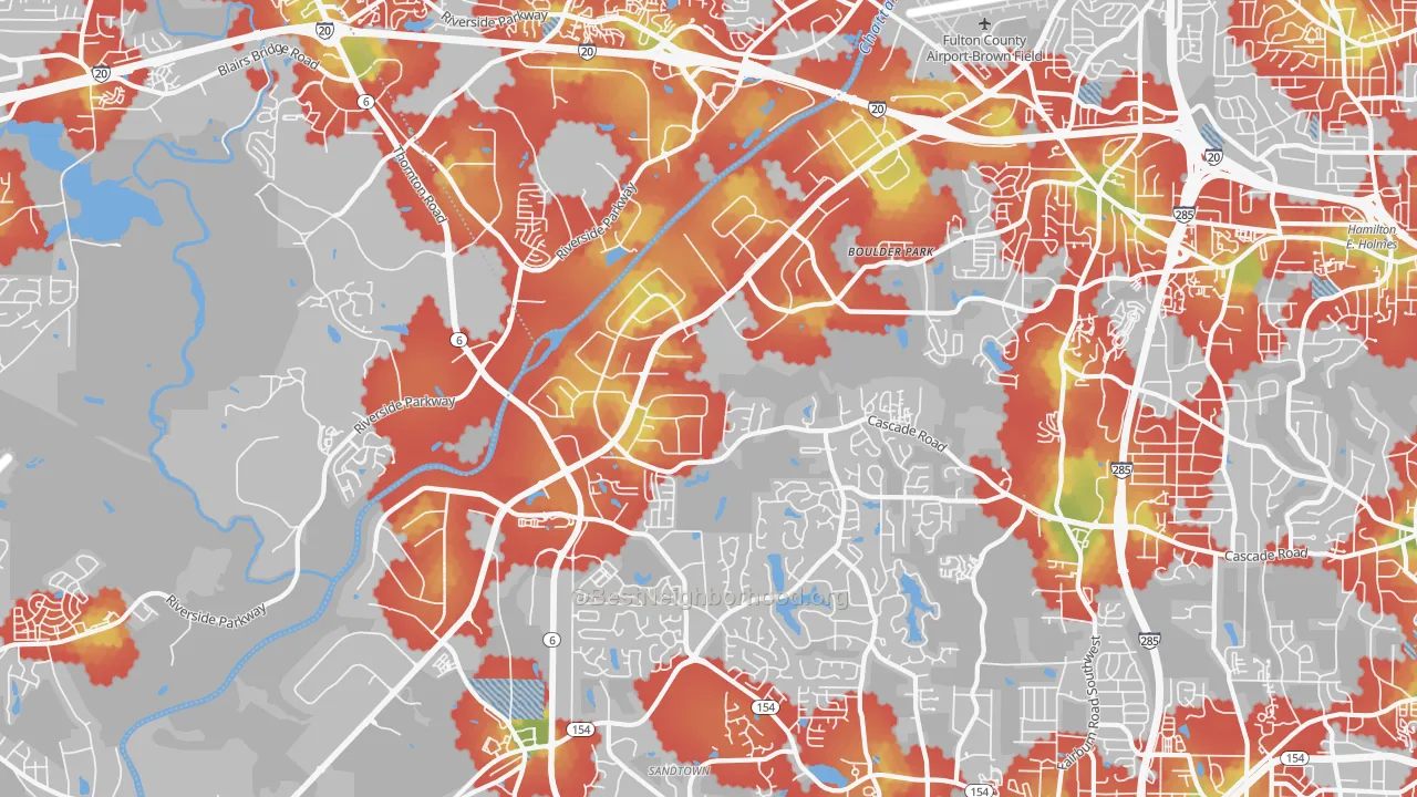 Walk Grade map of 30336, GA, walkable areas in green and car-dependent areas in red