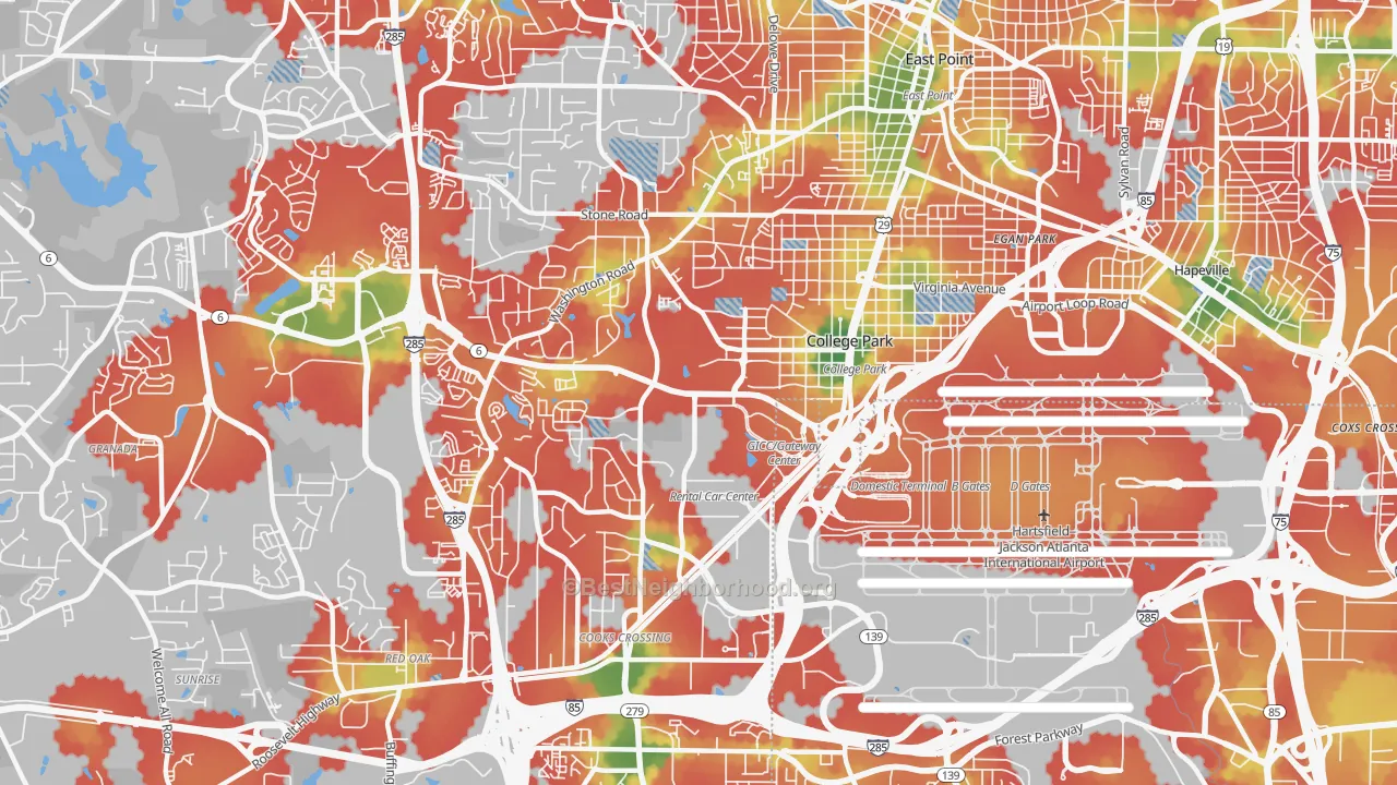 Walk Grade map of 30337, GA, walkable areas in green and car-dependent areas in red