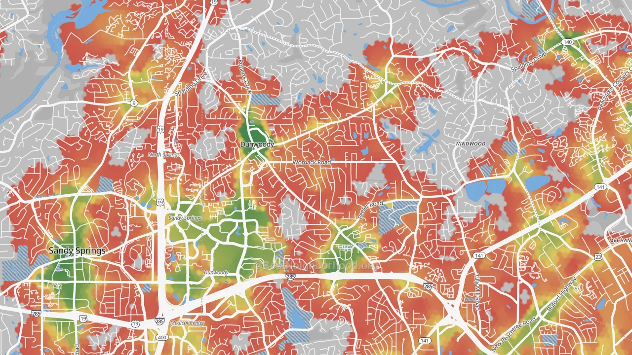 Walk Grade map of 30338, GA, walkable areas in green and car-dependent areas in red