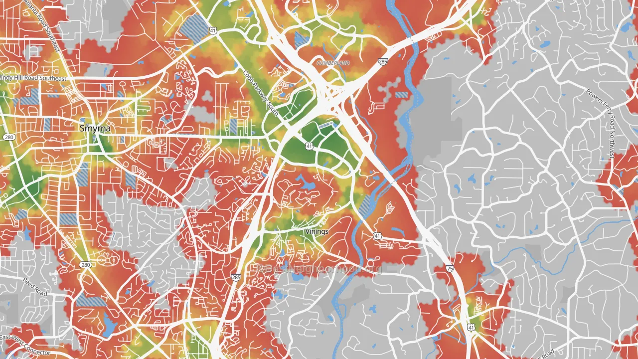 Walk Grade map of 30339, GA, walkable areas in green and car-dependent areas in red