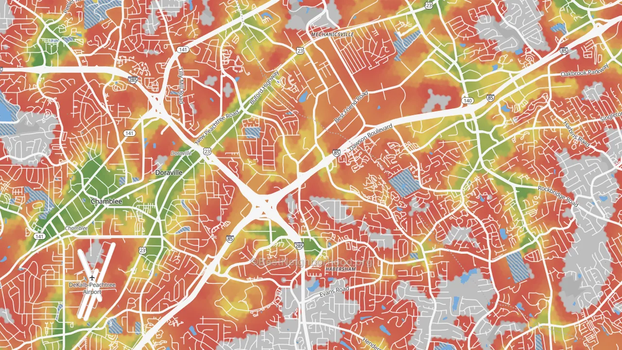 Walk Grade map of 30340, GA, walkable areas in green and car-dependent areas in red