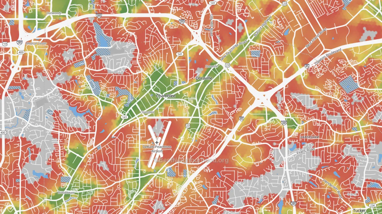 Walk Grade map of 30341, GA, walkable areas in green and car-dependent areas in red