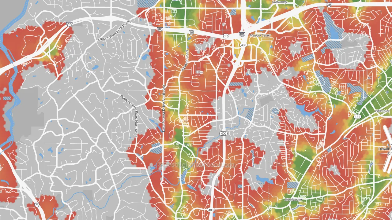 Walk Grade map of 30342, GA, walkable areas in green and car-dependent areas in red