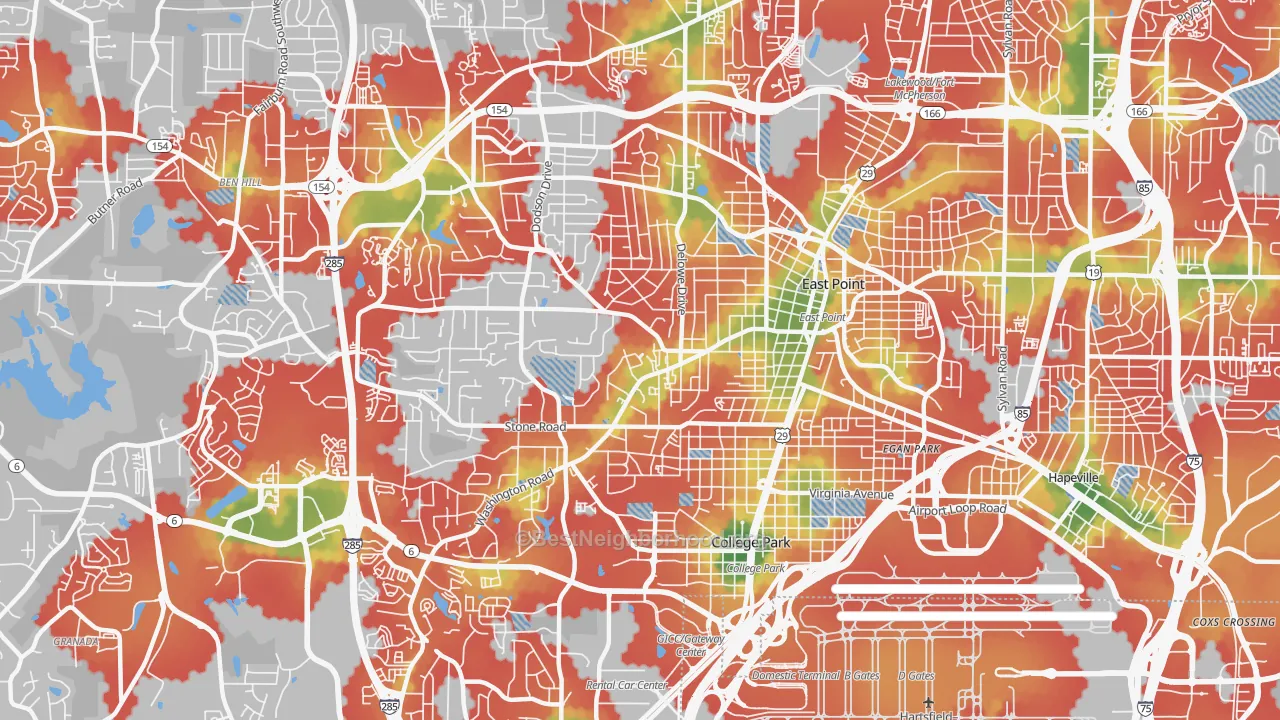 Walk Grade map of 30344, GA, walkable areas in green and car-dependent areas in red