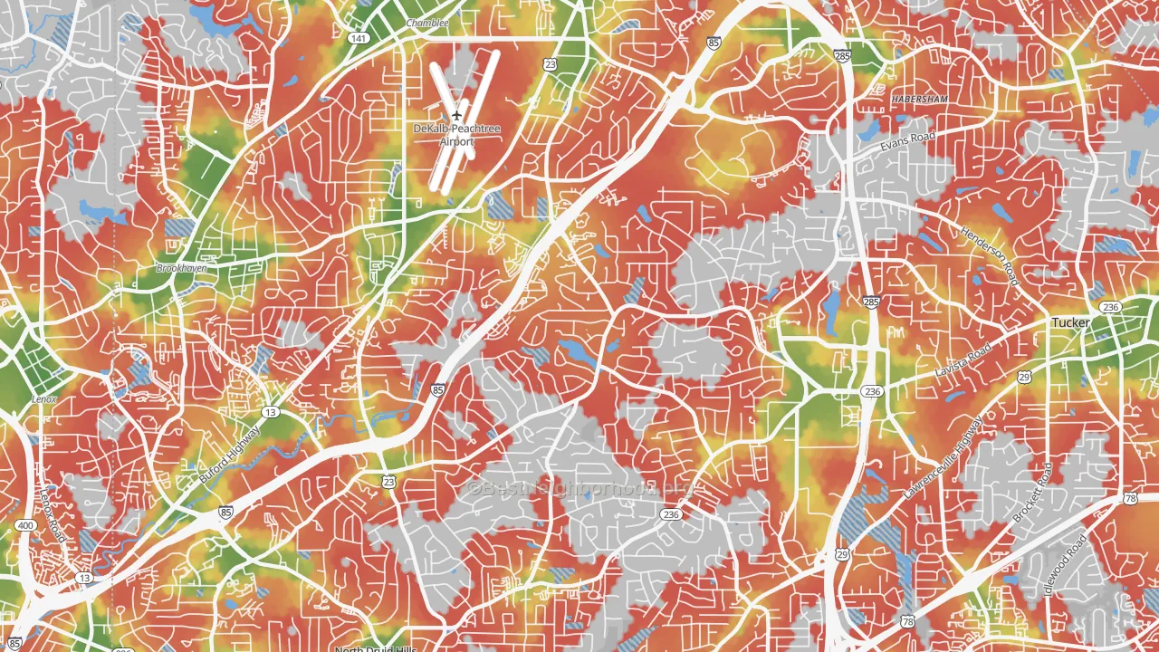 Walk Grade map of 30345, GA, walkable areas in green and car-dependent areas in red
