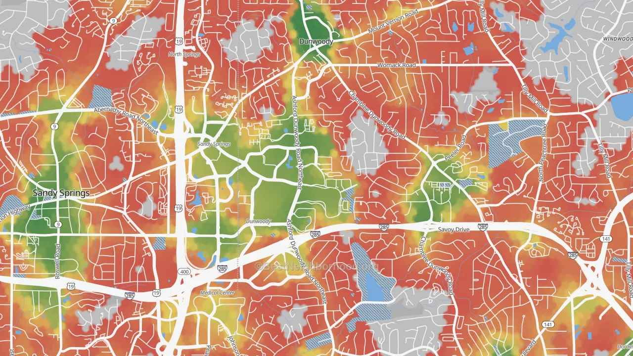 Walk Grade map of 30346, GA, walkable areas in green and car-dependent areas in red
