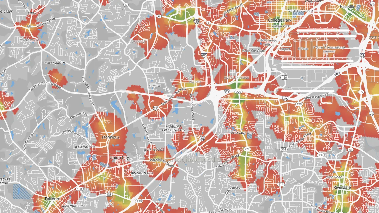 Walk Grade map of 30349, GA, walkable areas in green and car-dependent areas in red