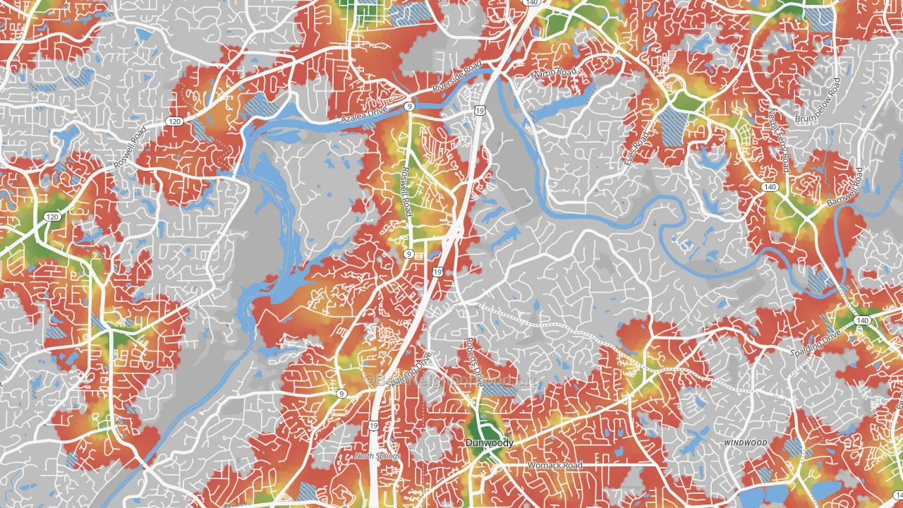 Walk Grade map of 30350, GA, walkable areas in green and car-dependent areas in red