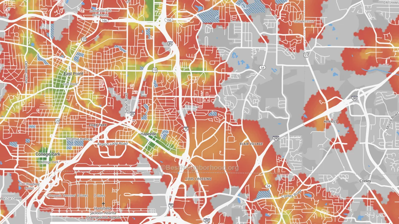 Walk Grade map of 30354, GA, walkable areas in green and car-dependent areas in red