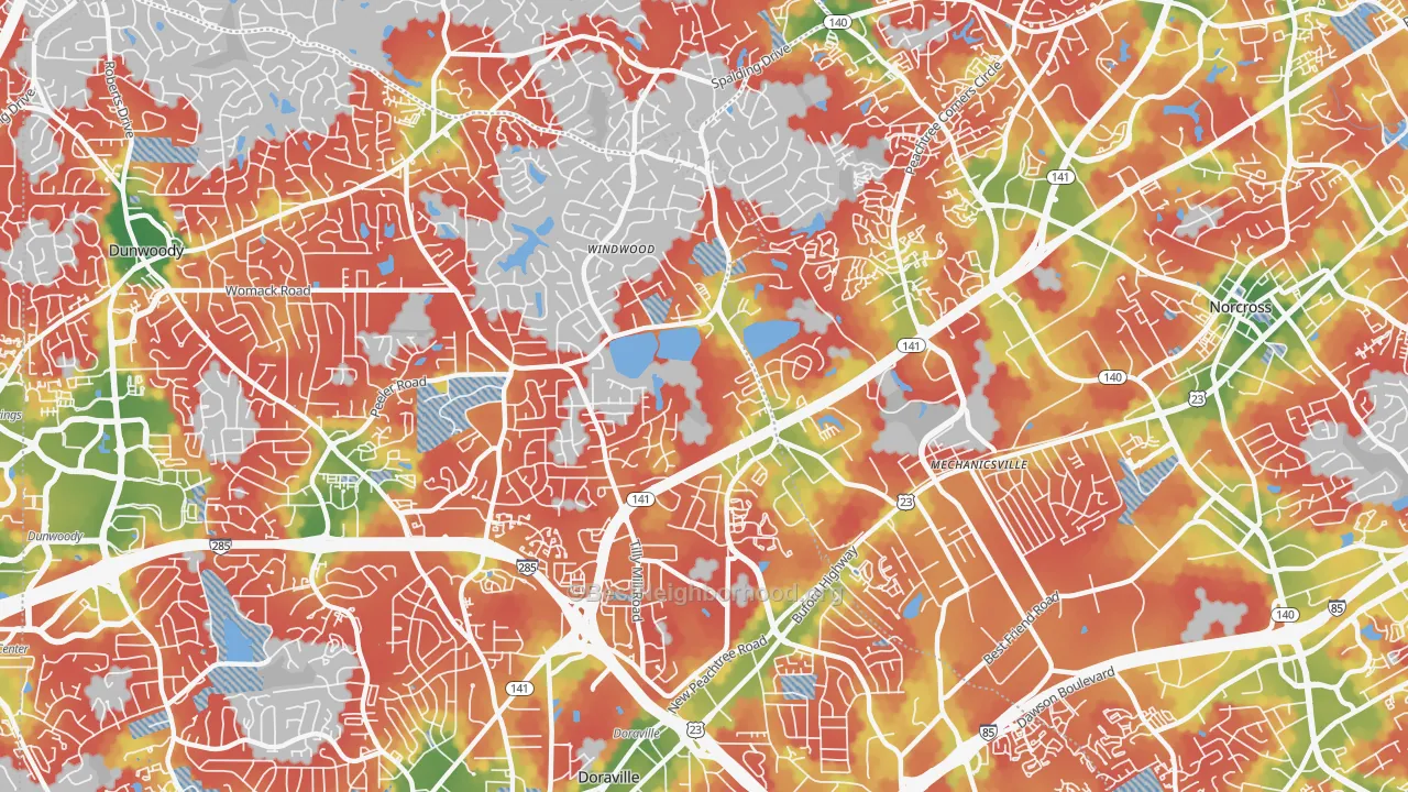 Walk Grade map of 30360, GA, walkable areas in green and car-dependent areas in red