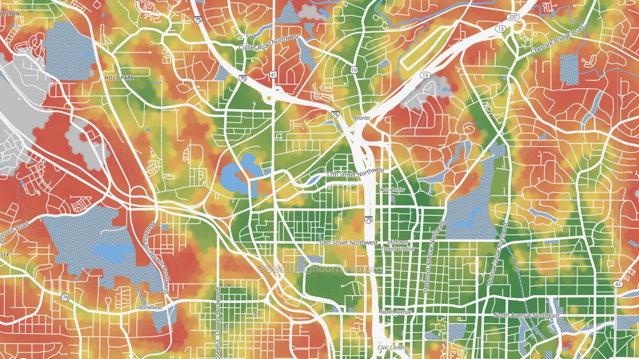 Walk Grade map of 30363, GA, walkable areas in green and car-dependent areas in red