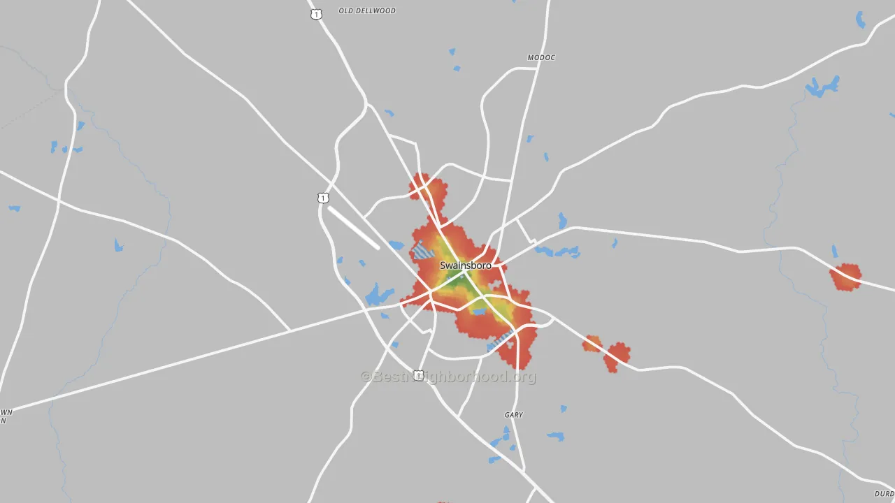 Walk Grade map of 30401, GA, walkable areas in green and car-dependent areas in red