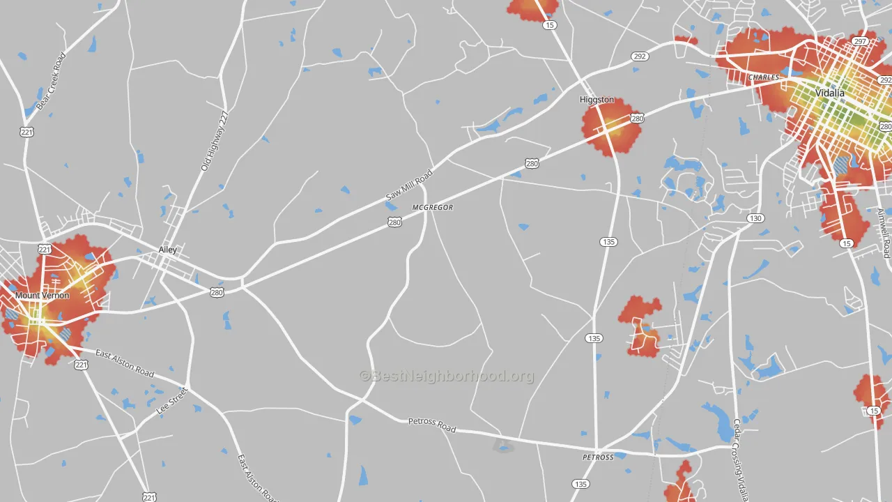 Walk Grade map of 30410, GA, walkable areas in green and car-dependent areas in red